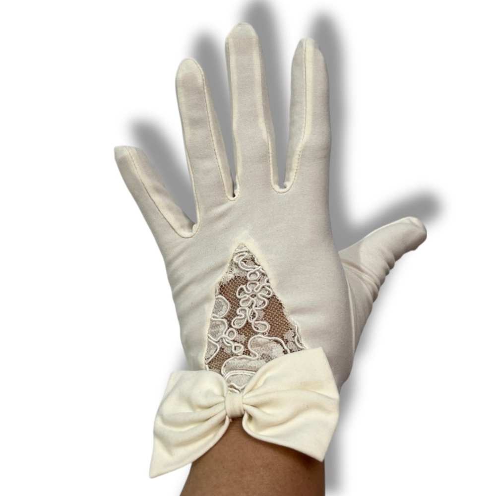 Vintage Finale Cotton Lovers Women's Gloves Off White Lace Bow Rockabilly Pin Up
